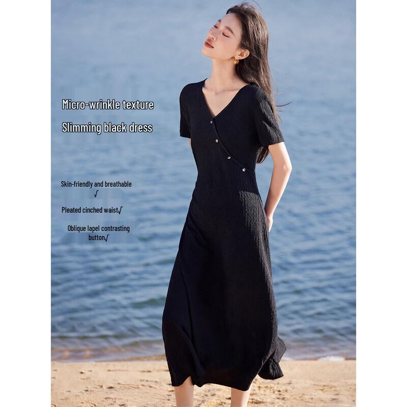 Women s V-Neck Asymmetrical Waist A-Line Midi Dress M