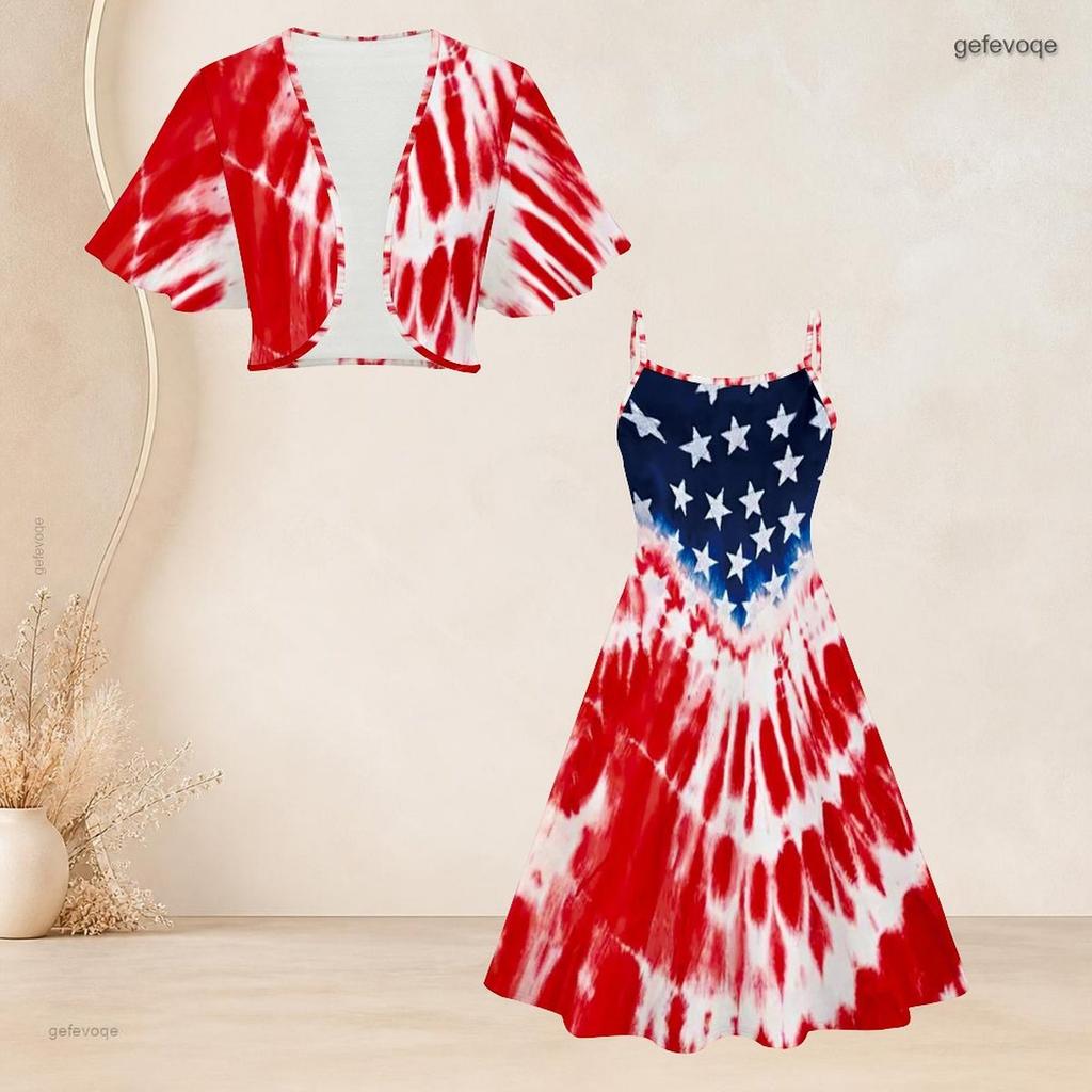 Women Plus Size Two Piece Set American Flag Printed Batwing Sleeve Cropped Shrug Strappy Flared Dress
