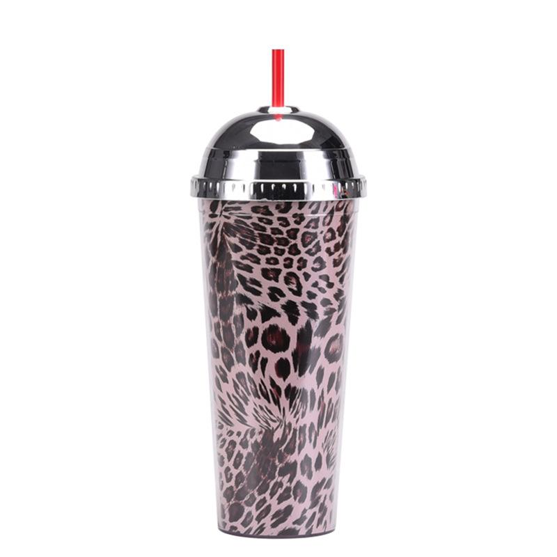 24Oz Straw Cup Leopard Print Magic Semi-Round Cover Water Cup Large Capacity Portable Double Layer Plastic Cup