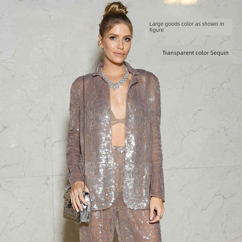 

Европейский и американский стиль Металлический цвет Повседневный костюм для показа мод Пайетки Transparent Sequin Gold Base Tops single piece M