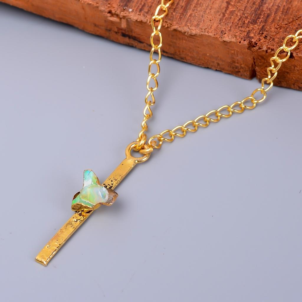 Natural Ethiopian Opal Gold Plated Electroformed Wedding Chain Necklace Jewelry V-79
