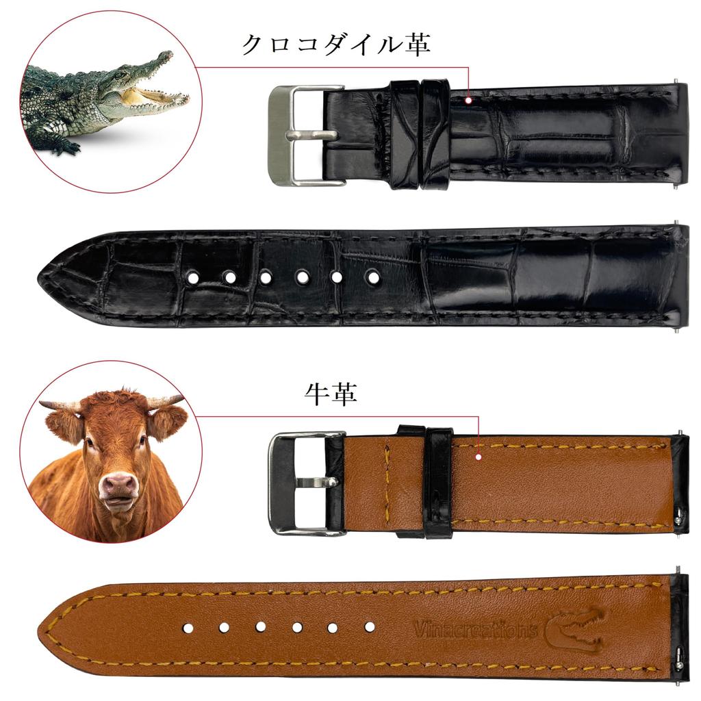 Vinacreations 20mm Black Crocodile Watch Band with Quick Release Spring Alligator Replacement Watch Strap with Wrist Quick Bars, Men's Buckle, Change,