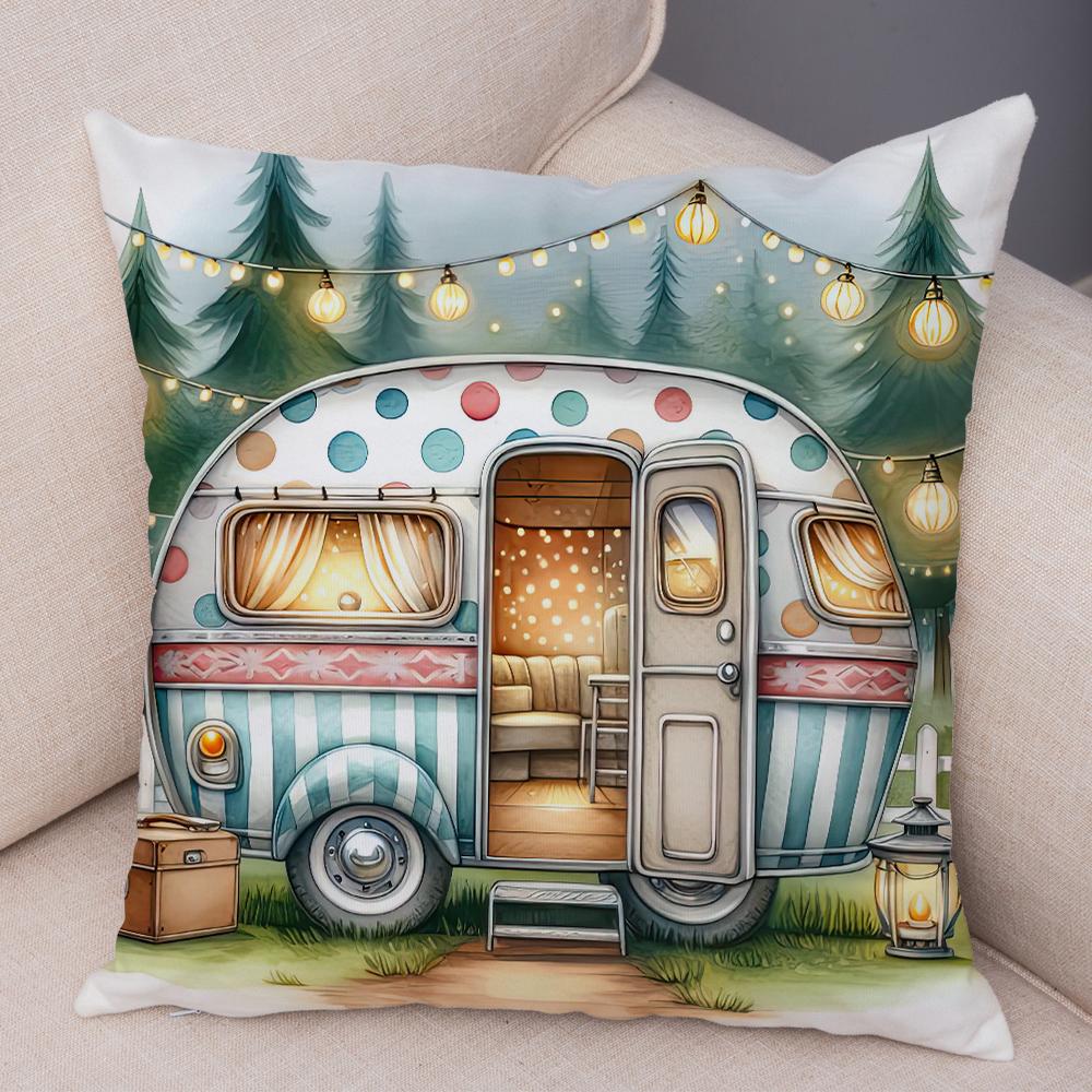 Happy Campers Pillow Case Double Print Decor Cartoon House Travel Car Cushion Cover for Sofa Home Soft Plush Pillowcase