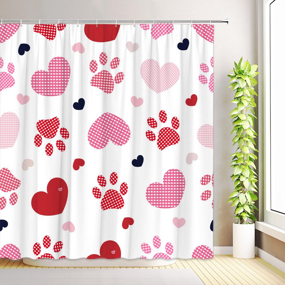 Red Love Hearts Tree Valentine's Day Shower Curtain Romantic Rose Flower Leaves Bathroom Decor Fabric Bath Curtains with Hooks