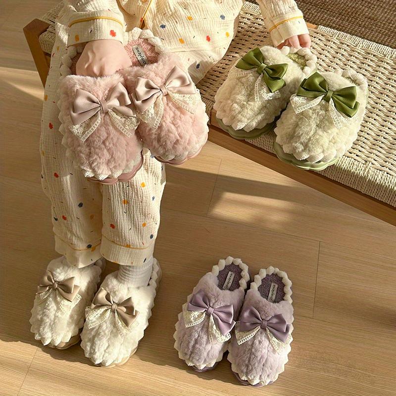 Women's Plush Slip-On Moccasin House Shoes, Cozy Thick Plush Lining with Bow Accent & Soft Fabric Upper, Non-Slip Indoor/Outdoor Winter Slippers