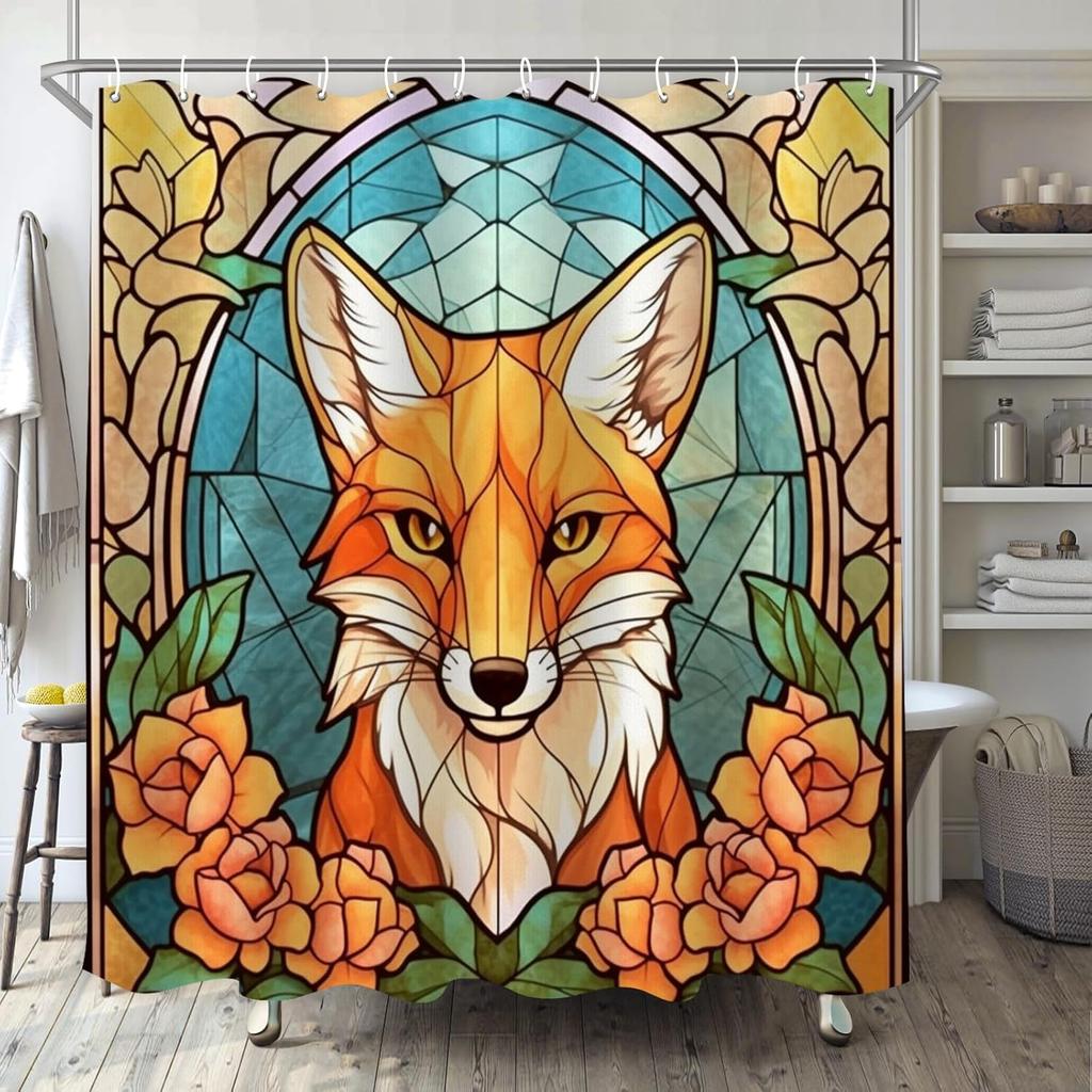 Fox Shower Curtain For Bathroom, Leaves Glass Art Shower Set, Cute Animals Abstract Fabric Modern Waterproof Bathroom Decor