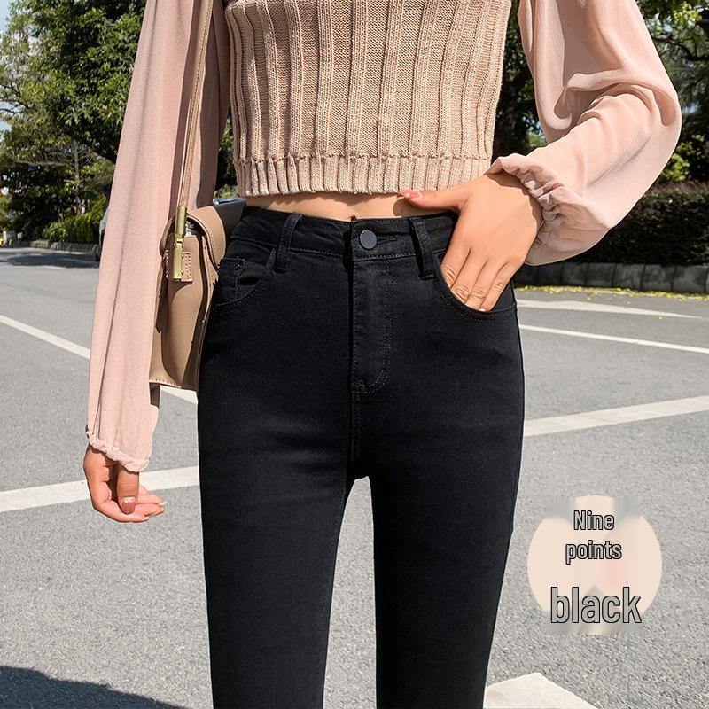 Women's High Waist Stretchy Skinny Black Jeans, Plus Velvet, Thickened, Plus Size, Spring Collection