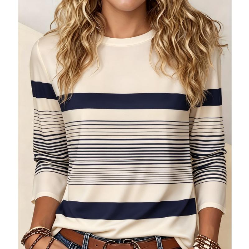 Round Neck Long Sleeve Printed T-Shirt, Contrast Stripe Design, Simple and Elegant with High-Quality Feel