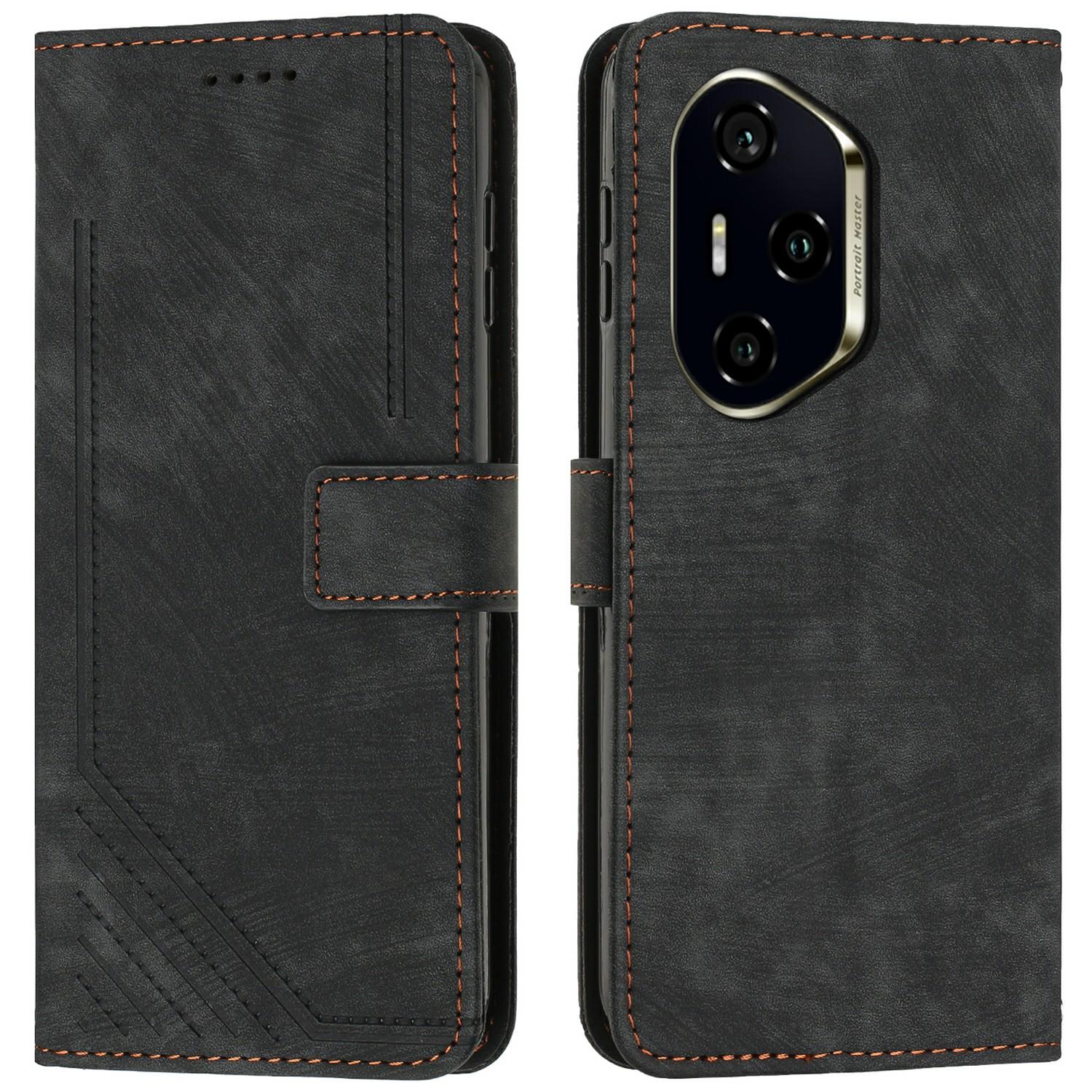 

Для Honor 300 Pro/300 Ultra Чехол Кожаный чехол для телефона с тиснеными линиями Складная подставка Black