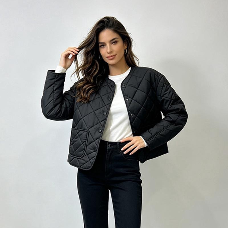 European and American style rhombus light cotton-padded clothes women's new autumn and winter casual lapel warm jacket