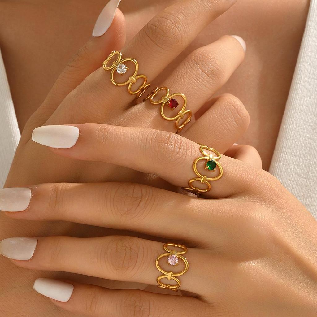 Geometric Hollow Stainless Steel Open Ring with Colored Zircon