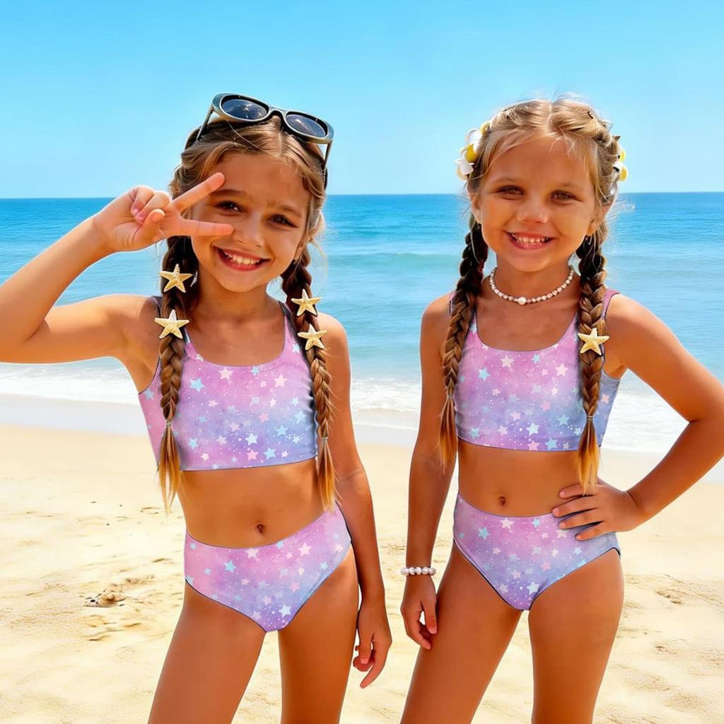 Girls Two Piece Swimsuit Set Tankini Top and Bottom Star Print Summer Beach Swimwear for Kids Lightweight Comfortable Fit