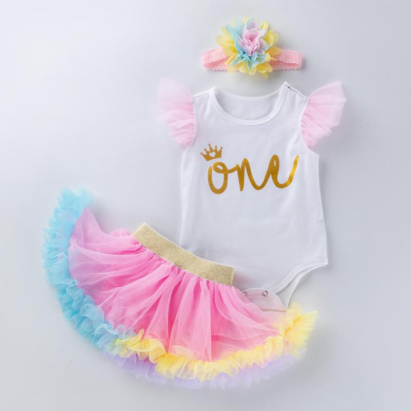 1st Birthday Outfit for Baby Girls: Sleeveless Romper, Skirt, and Bottoms Set