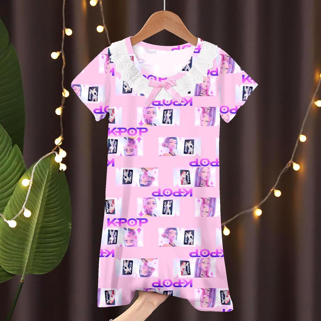 Girls' Summer Princess Lace Pajamas - Frozen Cartoon Nightgown with Short Sleeves KPOP Style Homewear