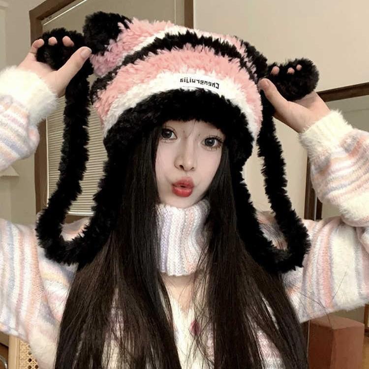 New Winter Hat for Women Cute Color Blocking Striped Letter Mark Plush Ear Protection Hat Warm Versatile Knitted Wool Hat