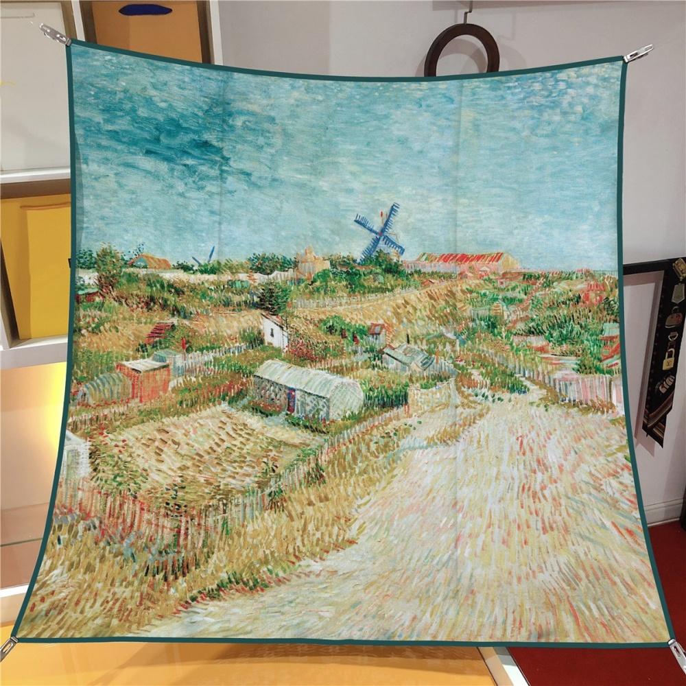 Silk Scarf Women Oil Painting Square Scarves Head Echarpes Silk Foulards Femme Wraps Beach Shawls Bandana Lady Hijabs 90CM