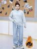 Plus Size Women's Light Blue Slimming Drawstring Velvet Jeans - Autumn & Winter Comfort, Straight Leg, Up To 300 Jin
