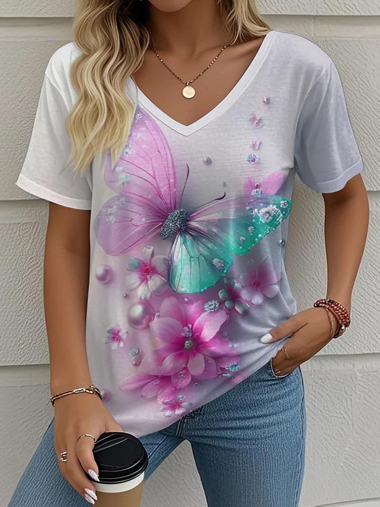 3D Butterfly Printed Short Sleeve T-shirt Korean Style Women's Clothes 2024 V-neck Short Sleeves Tees Shirt Loose Casual Blouses