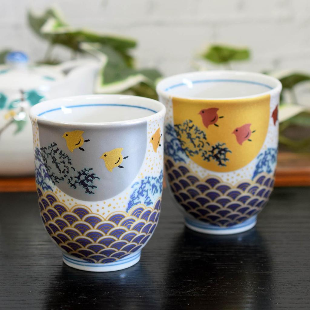 Waza No Kura Stylish Pair of Kutani Ware Teacups with Wave and Chidori Made In Perfect Gift for Wedding 60th 70th 77th 80th and 88th Birthdays