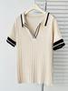2026 Plus Size Women's Color Block Polo Collar Ice Silk Knit Short Sleeve Top