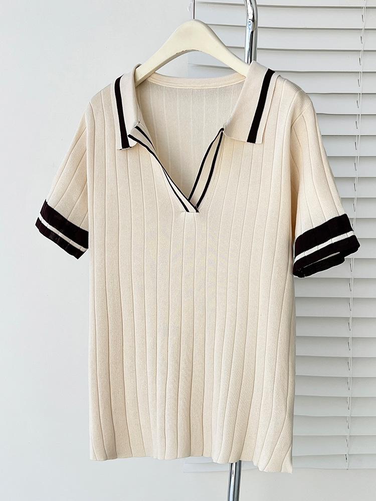 2026 Plus Size Women's Color Block Polo Collar Ice Silk Knit Short Sleeve Top