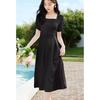 French elegant square neck basic simple commuting style waist cinched diagonal cool dress