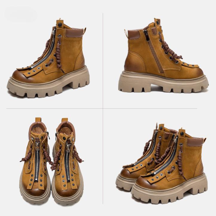 Johnature Retro Genuine Leather Women's Shoes Round Toe Thick Sole Versatile Short Boots