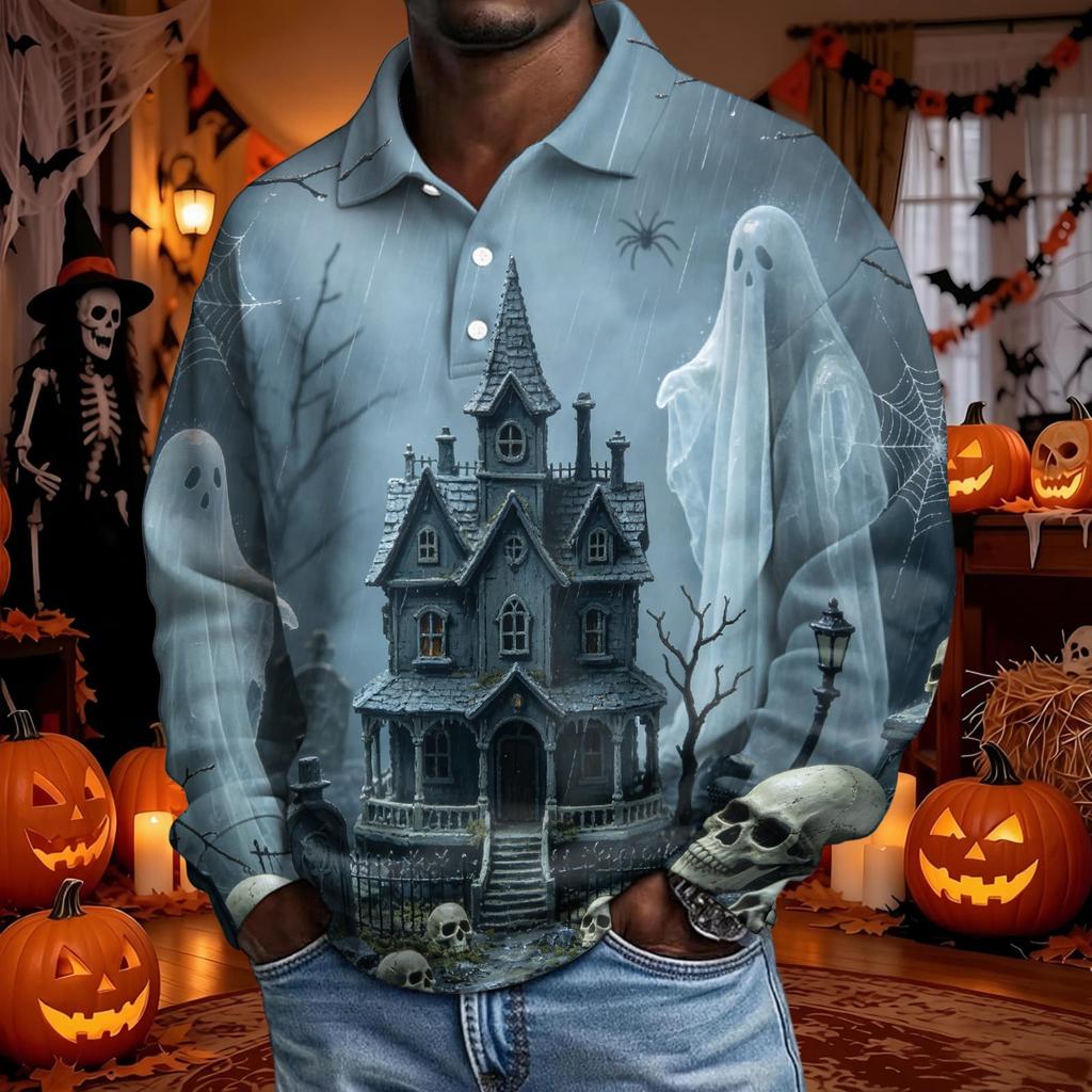 Men's Halloween Long Sleeve Button Up Shirt for Party and Casual Wear