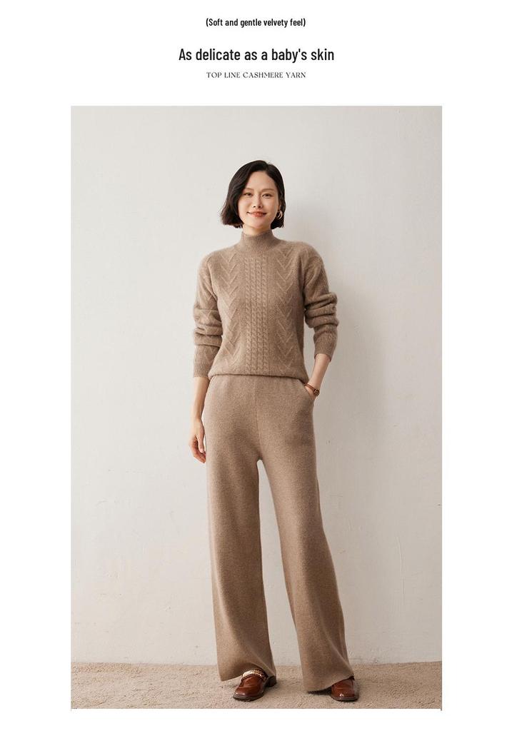Women's Cashmere Cable Knit Sweater, Half-High Neck, Korean Style, Autumn/Winter 2024 Fashion