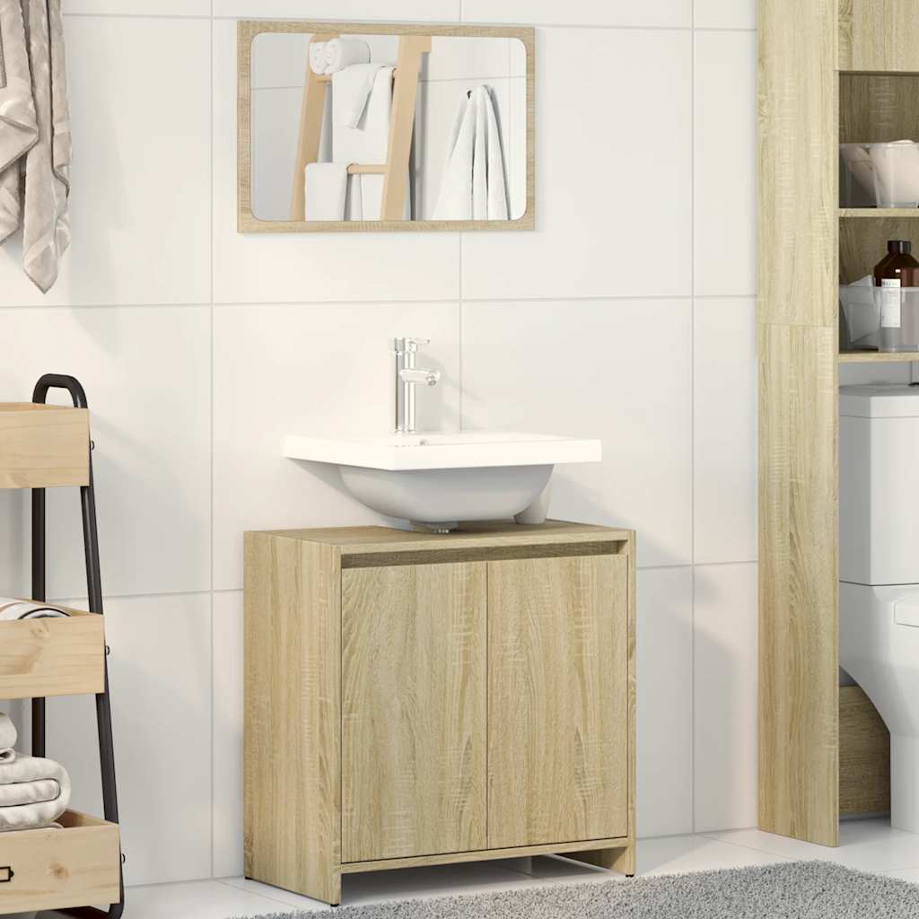 2-teiliges Badmöbel-Set - Sonoma-Eichenholz-Materialien, Badezimmerspiegel und Unterschrank unter dem Waschbecken