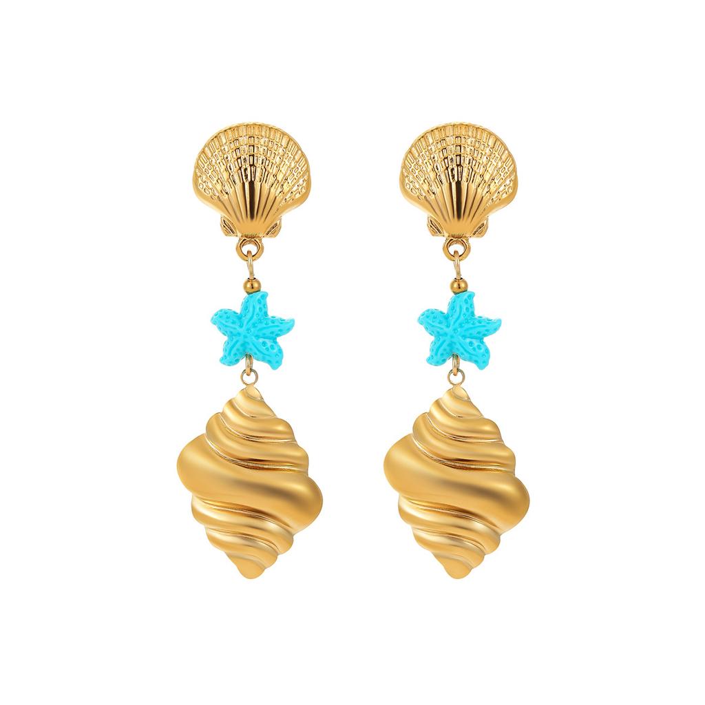 GEMCHIC Women's Summer Ocean Style Drop Earrings Gold Plated Conch Shell & Starfish Dangle Earrings Beach Vacation Jewelry