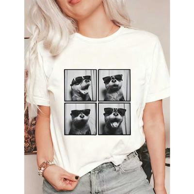 T-shirt Oversize Lontra Nera Con Stampa Occhiali Da Sole Abbigliamento Casual Per Donna Outfit Estivo Streetwear Moda Top Trendy