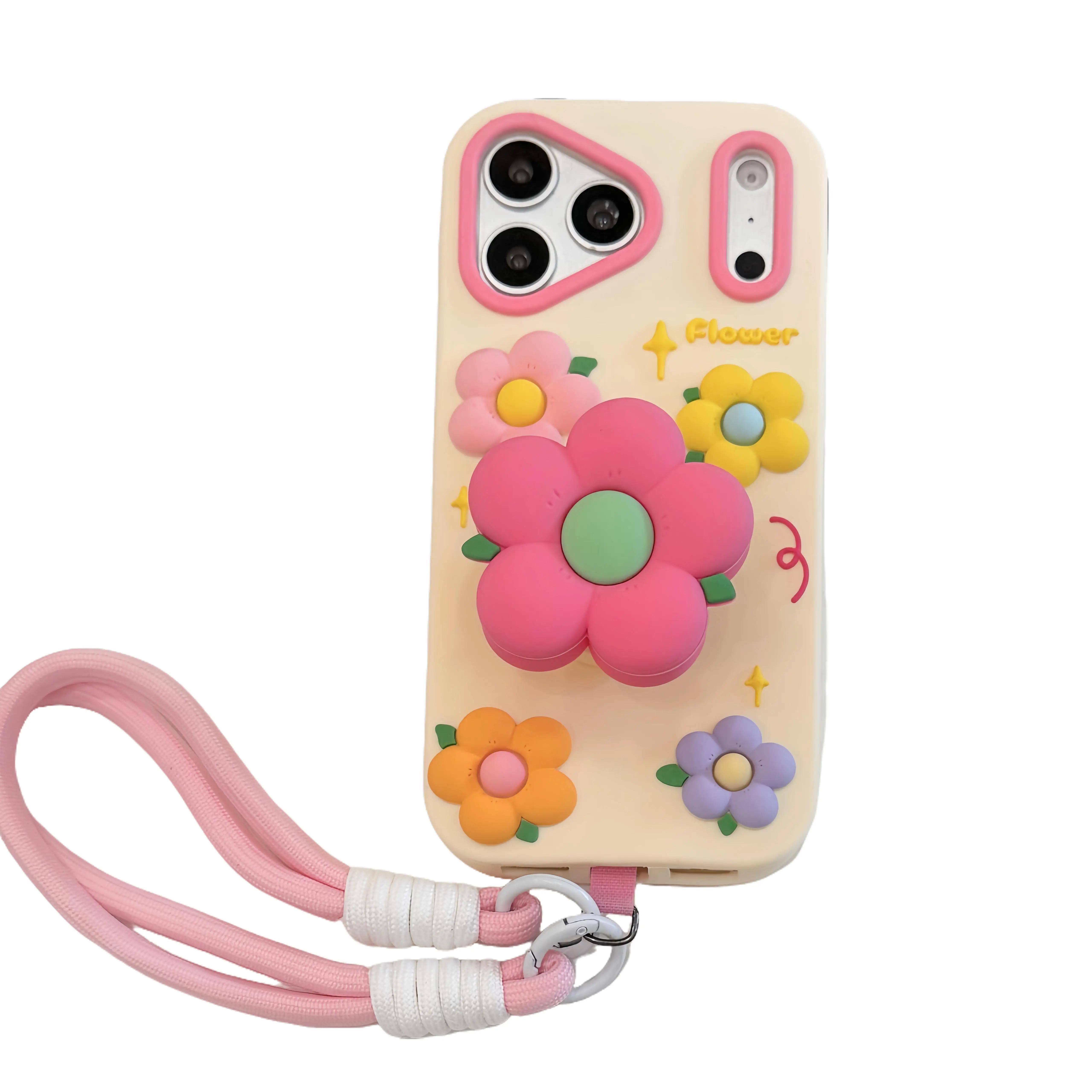 

Fashion Cute 3D Colorful Flowers with Telescopic Bracket Shockproof Case Soft Silicone Phone Back Cover Protector Skins Shell for iPhone Series For iPhone 17 Pro Max рожевий/жовтий