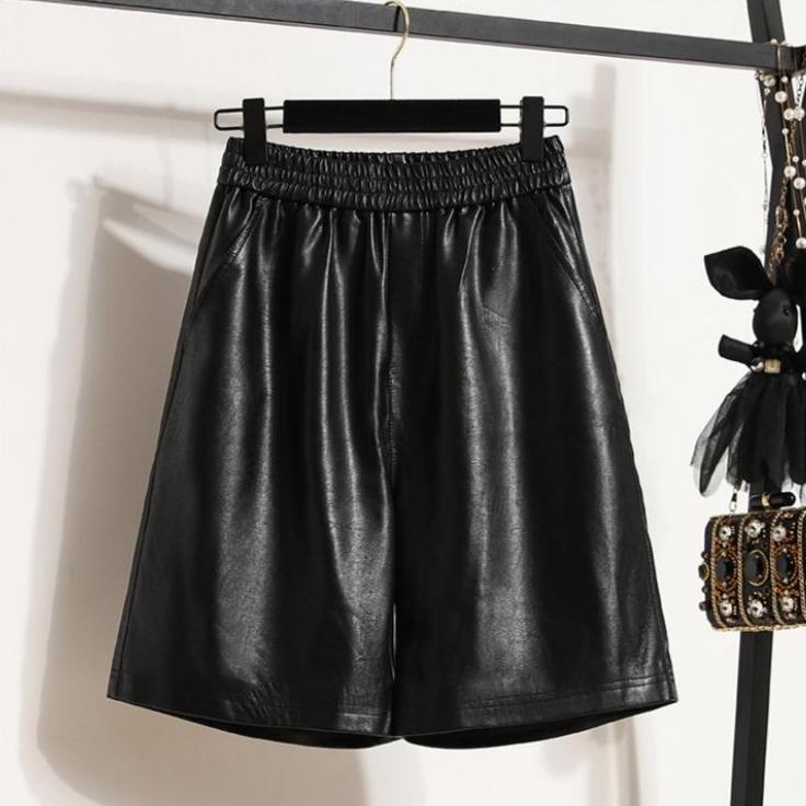 

DIMANAF 2024 Большие размеры из искусственной кожи, осенне-зимние шорты, женские новые черные повседневные свободные широкие женские капри, короткие брюки S чёрный