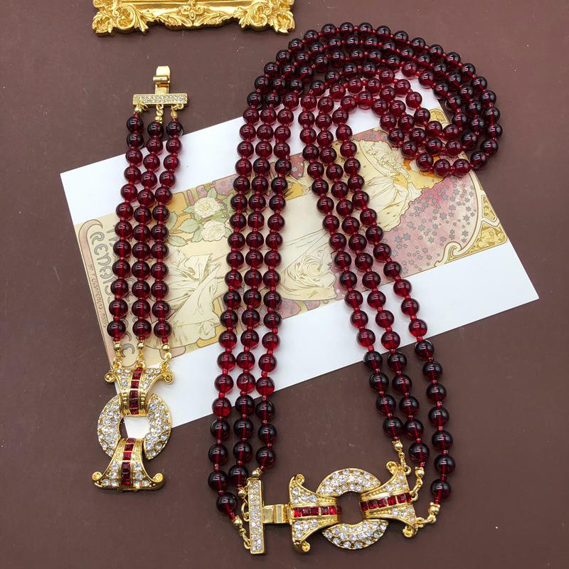 Retro Pomegranate Red Glass Bead Layered Sweater Chain & Rhinestone Necklace Bracelet Set