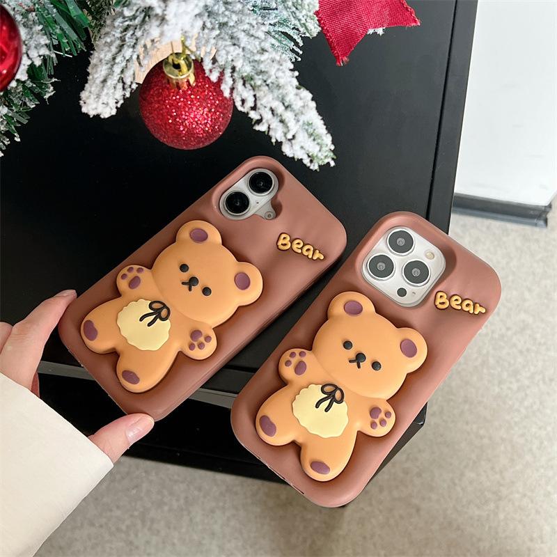 3D Cute Cartoon Bear Telescopic Bracket Silicone Phone Case For iPhone 17 16 15 14 13 12 11 Pro Max Shockproof Protective Cover