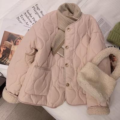 Lamb Wool Cotton-padded Quilted Coats Women Wool-liner Warm Diamond Grid Jacket Lightweight Single-breasted Winter Short Coats