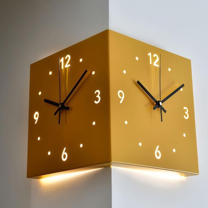 Double Sided Corner Wall Clock,Decorative Wall Clocks with Light for Living Room Decors Wall Mounted Angles Clocks Gift