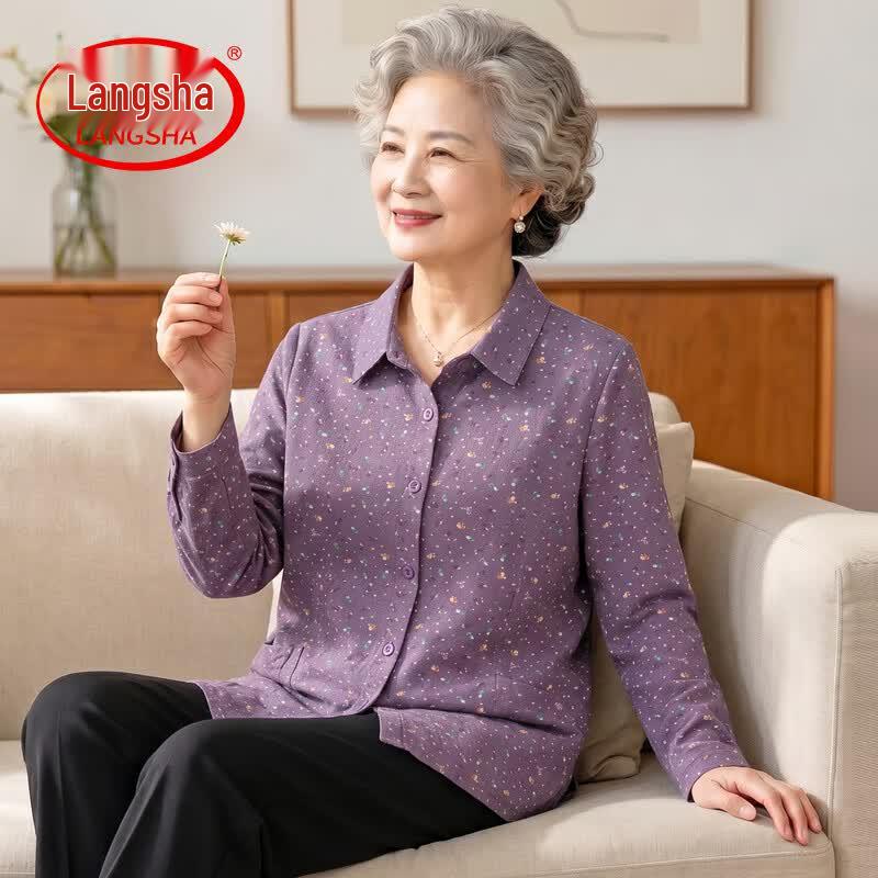 Langsha Women s Floral Long-Sleeve Shirt for Seniors 4XL