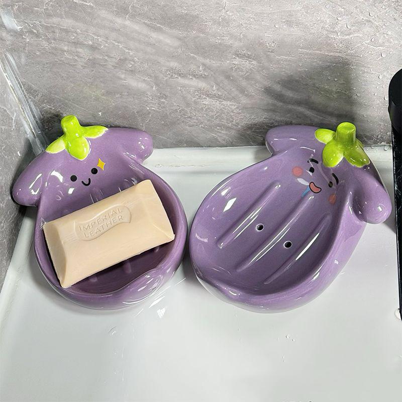 Eggplant Shaped Ceramic Soap Box With Drainage Design Cute Bathroom Decor Practical Soap Holder For Sink Countertop
