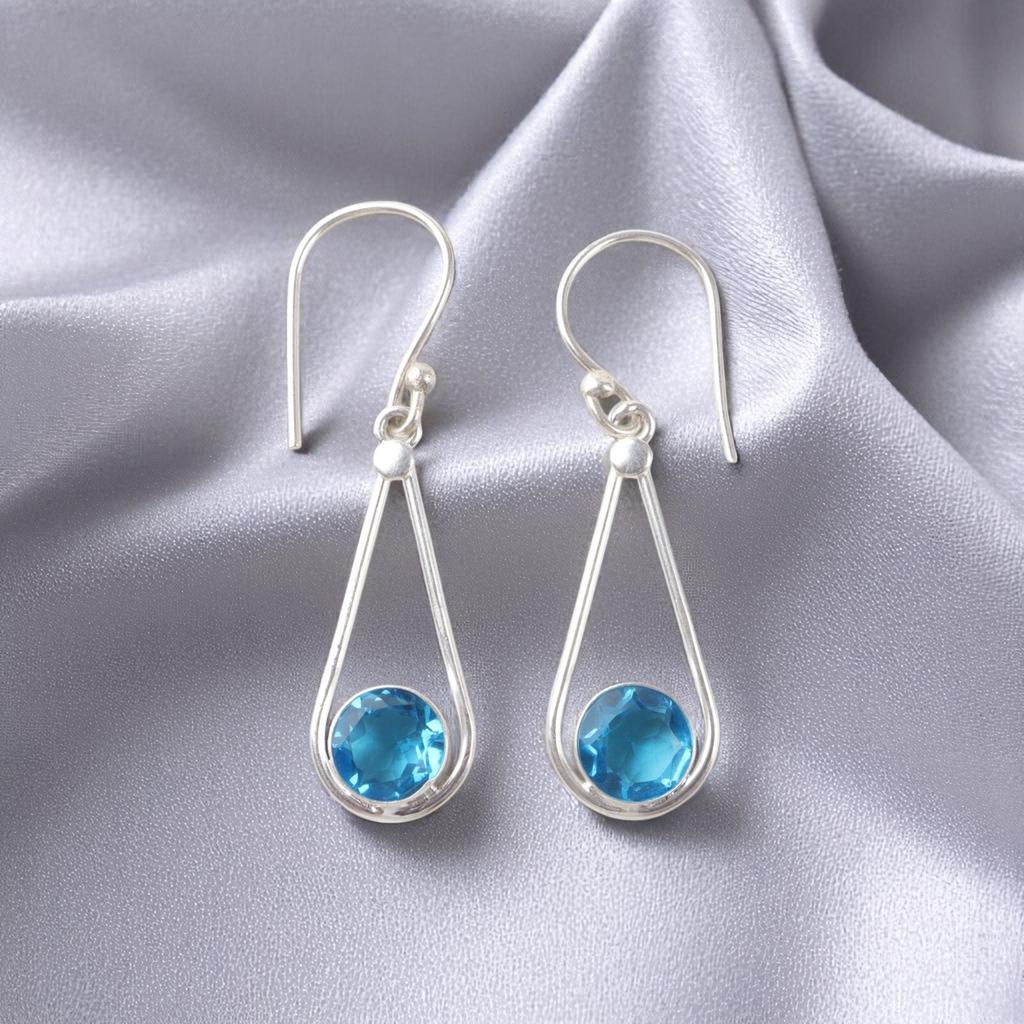 Swiss Blue Topaz Gemstone 925 Sterling Silver Jewelry Handcrafted Earrings 1.76" EE-126-19