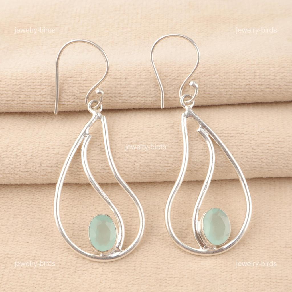 Natural Aqua Chalcedony Sterling Silver Drop Dangle Throat Chakra Boho Earrings EE-139-11