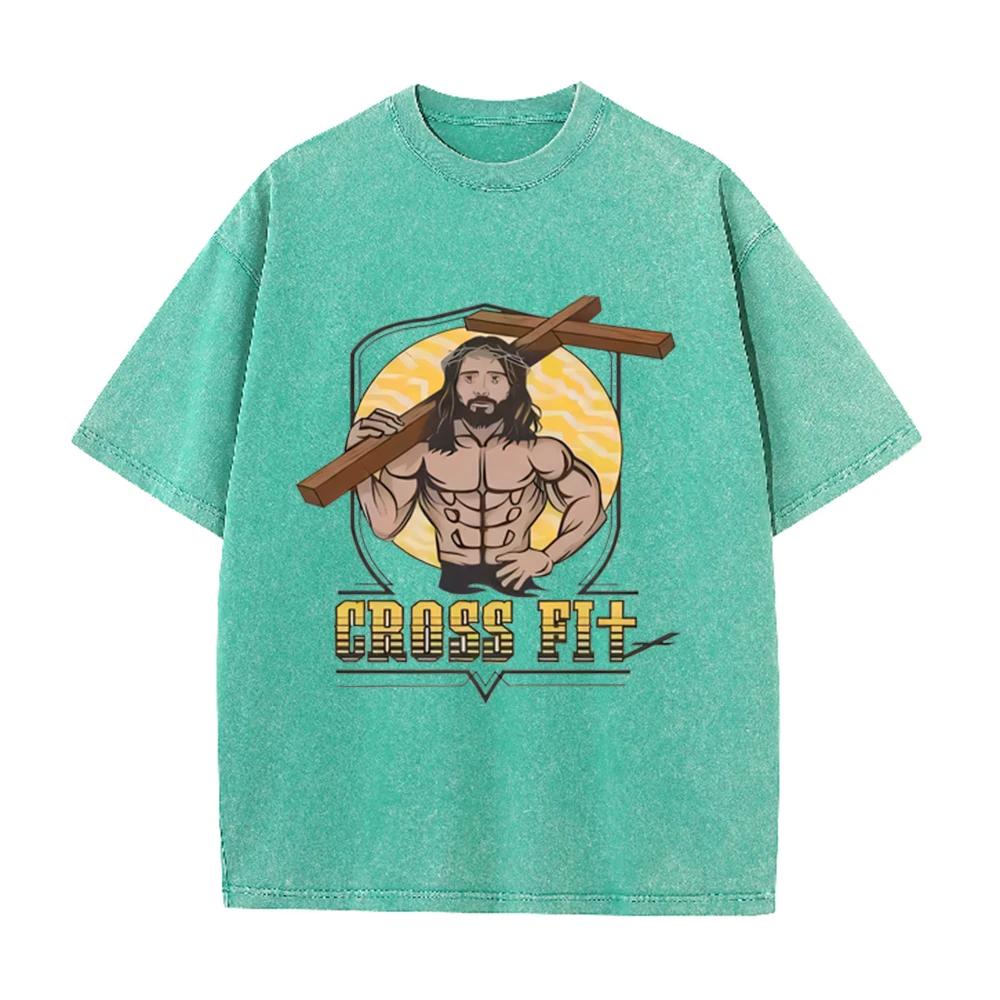 Asian Size Vintage Washed T Shirt Muscular Jesus Cross Fit Graphic Oversized Gym Christian Streetwear Short Sleeve Tee
