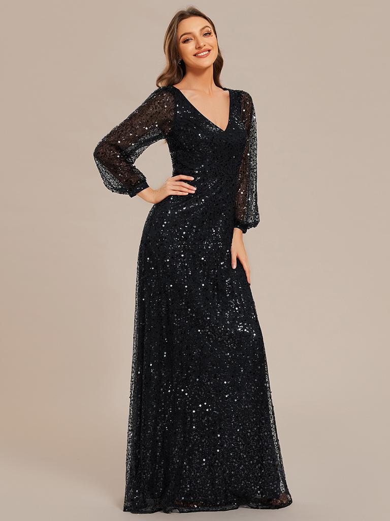 Ever-Pretty női elegáns V-nyakú lámpás hosszú ujjú flitteres vendégruha A vonalú estélyi ruha