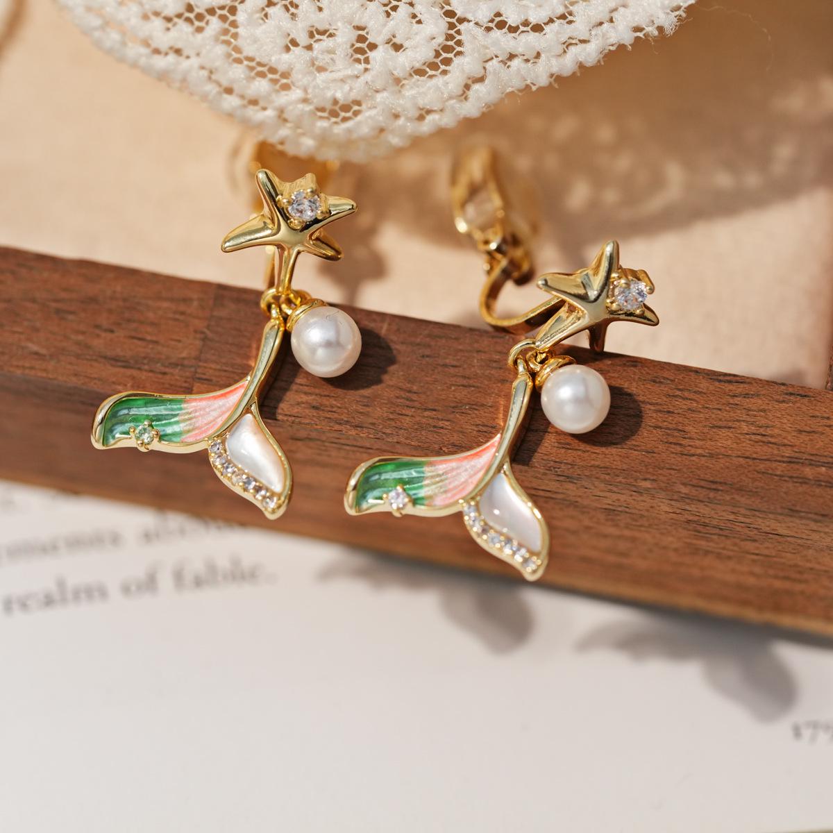 18k Gold-Plated Zircon & Mother-of-Pearl Fish Tail Earrings for Non-Pierced Ears - Elegant, High-End Jewelry