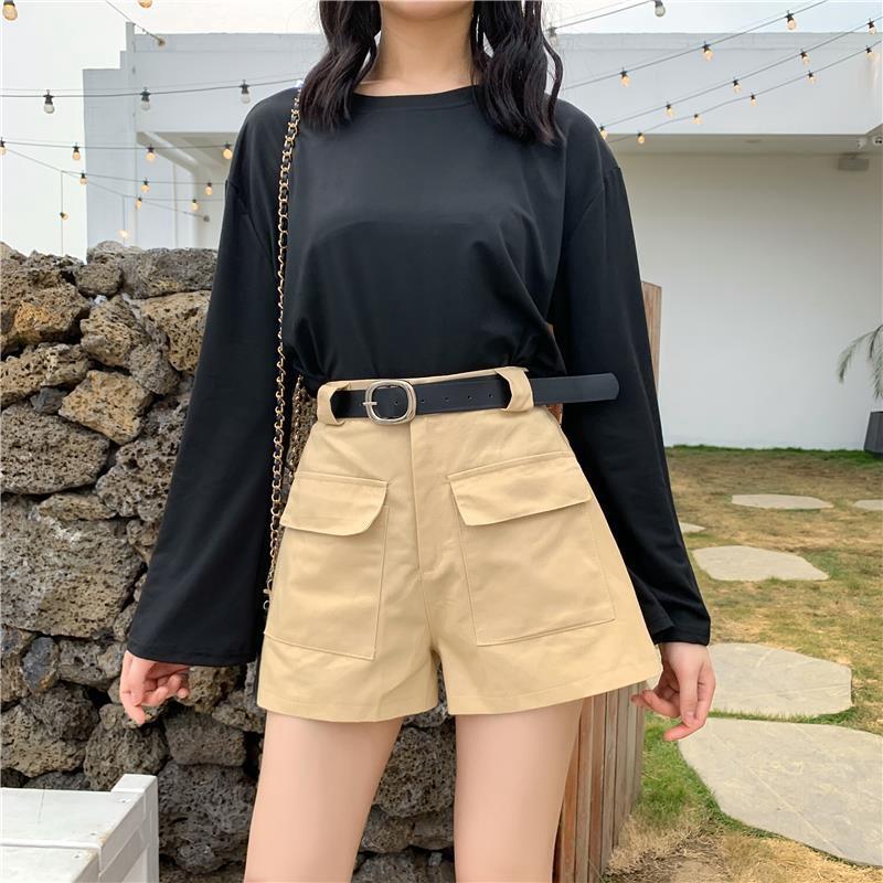 

Классическая и минималистская мода универсальная рабочая одежда с высокой талией женская летняя уличная свободная тонкая повседневная А-силуэт джинсовые шорты индивидуальность трендовость S хаки