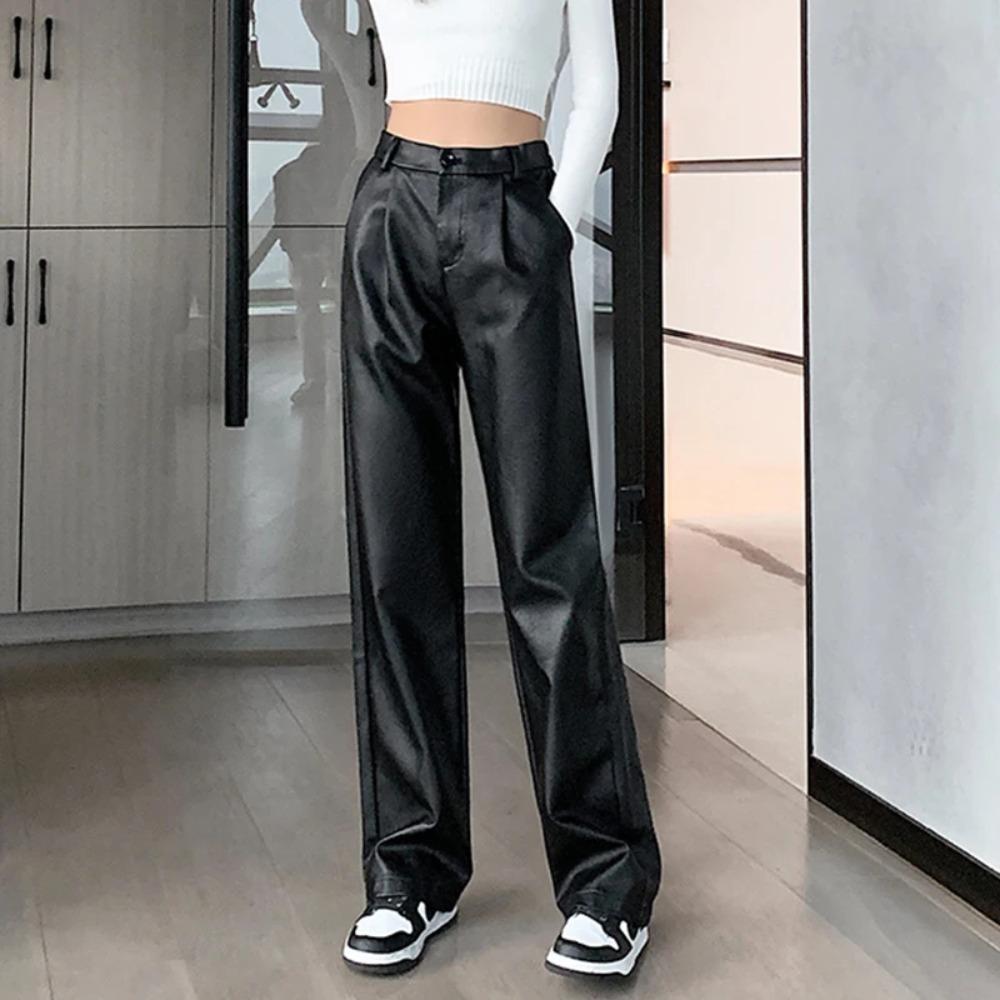PU Leather Pant Women High Waist Straight Pant Spring Clothes Solid Pocket Streetwear Chic Black Faux Leather Trousers