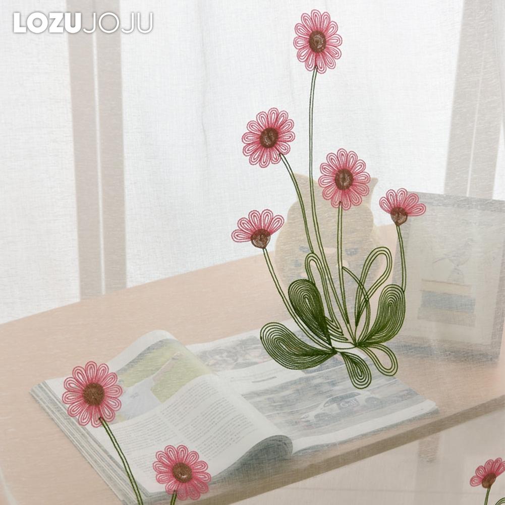 1PC LOZUJOJU 10-20% Blackout Rural Style Cartoon Pink Daisy Embroidered White Sheer Curtain for  Living Room Bedroom Window Decoration Home Decor
