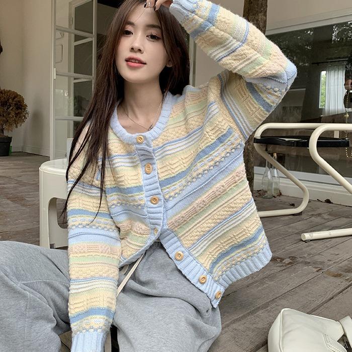 Loose Striped Korean-Style Outerwear Women's Early Spring Autumn Versatile Thin Knit Sweater Cardigan Coat