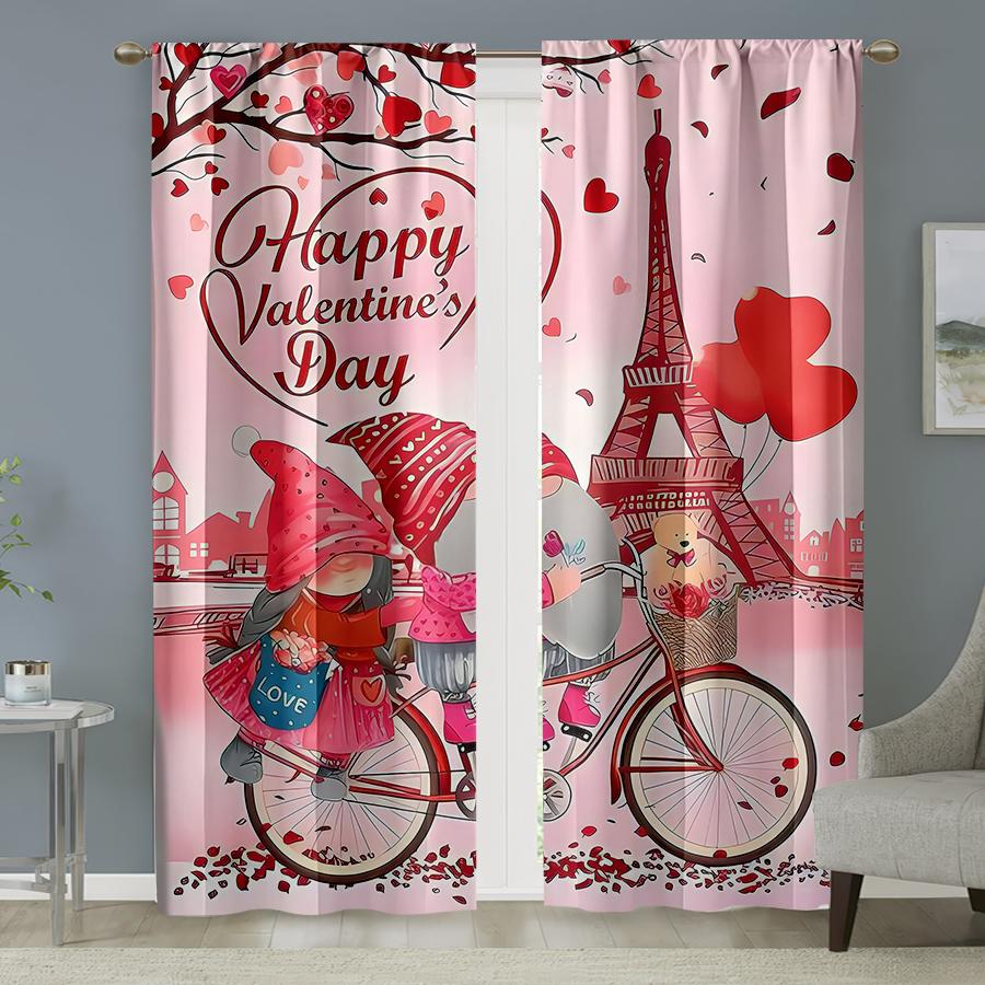 Set Of 2 Romantic Valentine Day Gnome Eiffel Tower Curtains Perfect Festive Window Decor Bedroom Living Room Curtain Polyester Ideal For Sitting